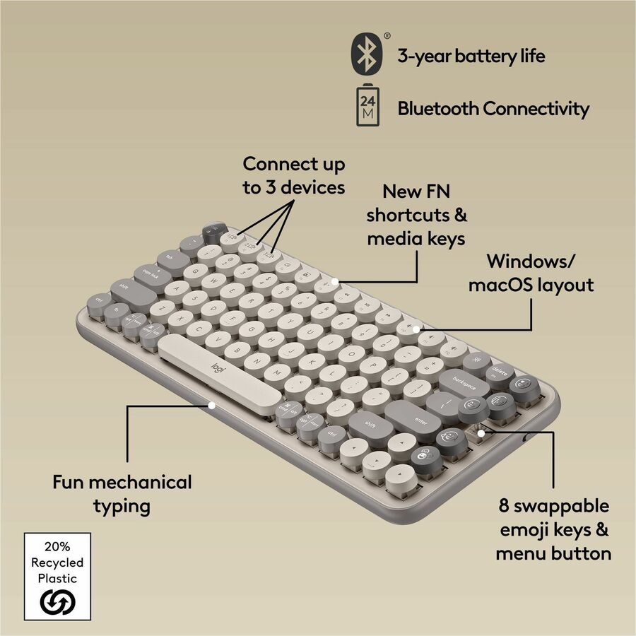 Logitech POP Keys Mechanical Wireless Keyboard with Customizable Emoji Keys, Compact Design, Bluetooth, Mist - 920-011232